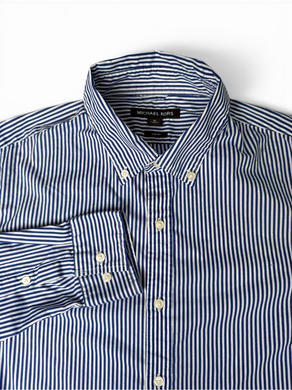 Michael Kors Women’s M Slim Fit Blue White Striped Button Down Shirt Stretch